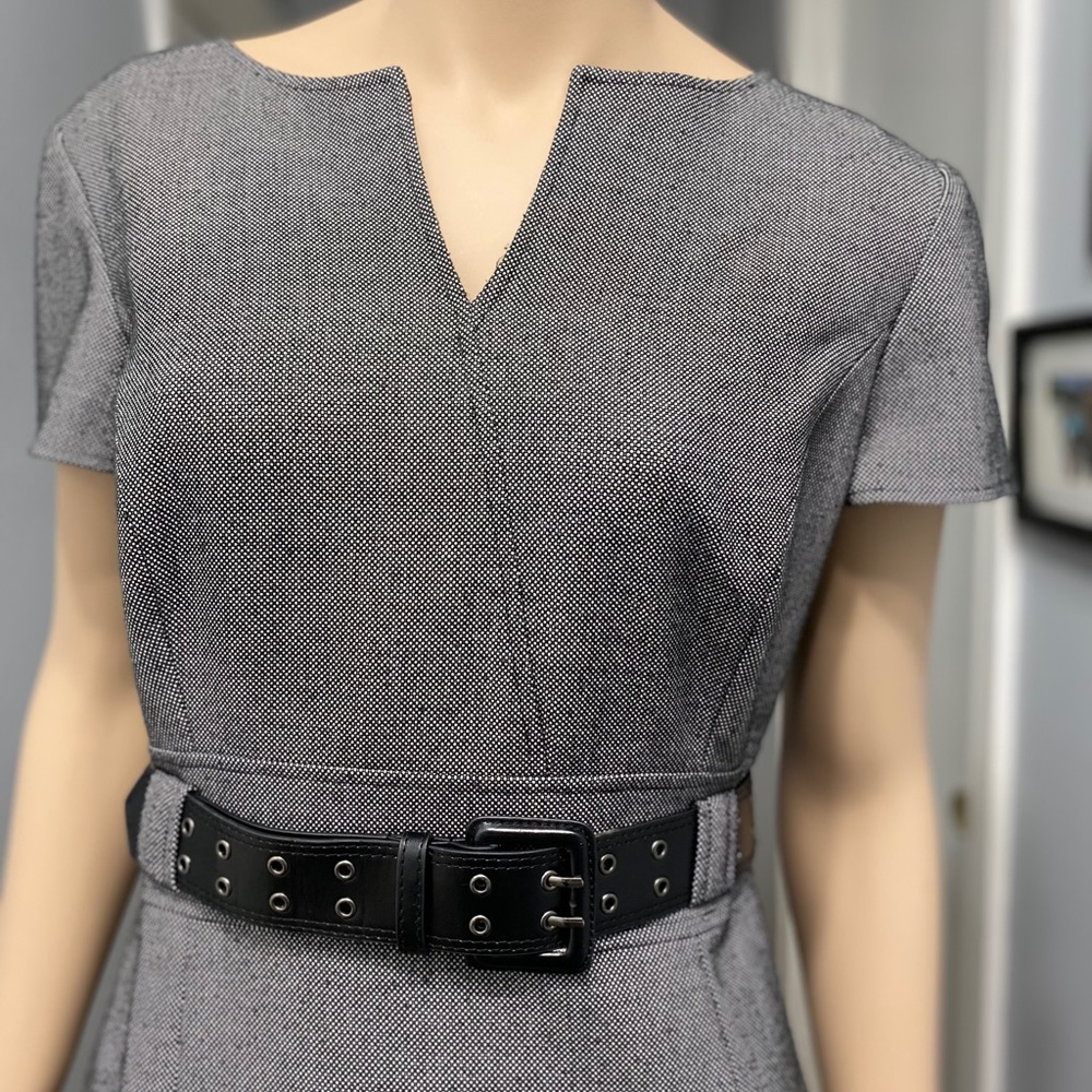 Tahari S Levine tweed Gray dress W Black belt - Picture 5 of 7